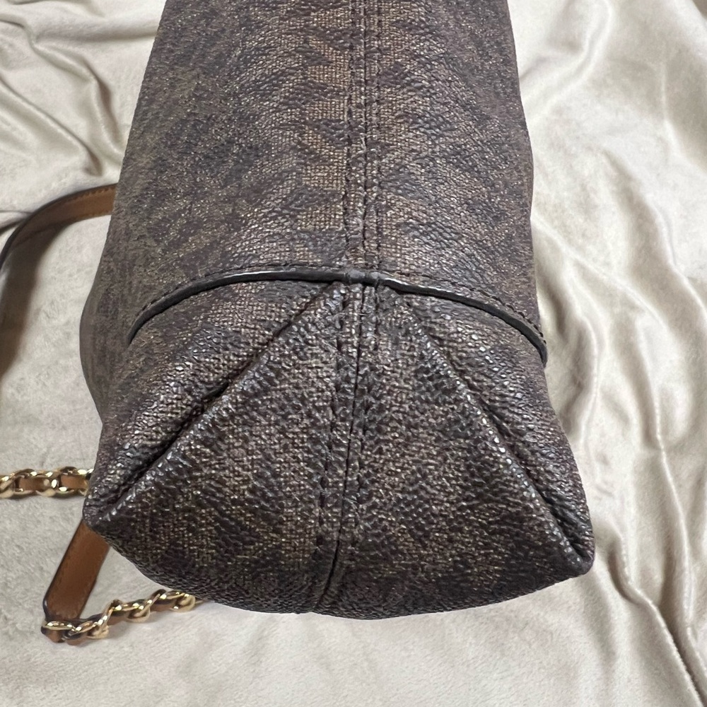 Michael Kors Brown Signature Logo Tote Gold Chain Shoulder Bag - Picture 5 of 11